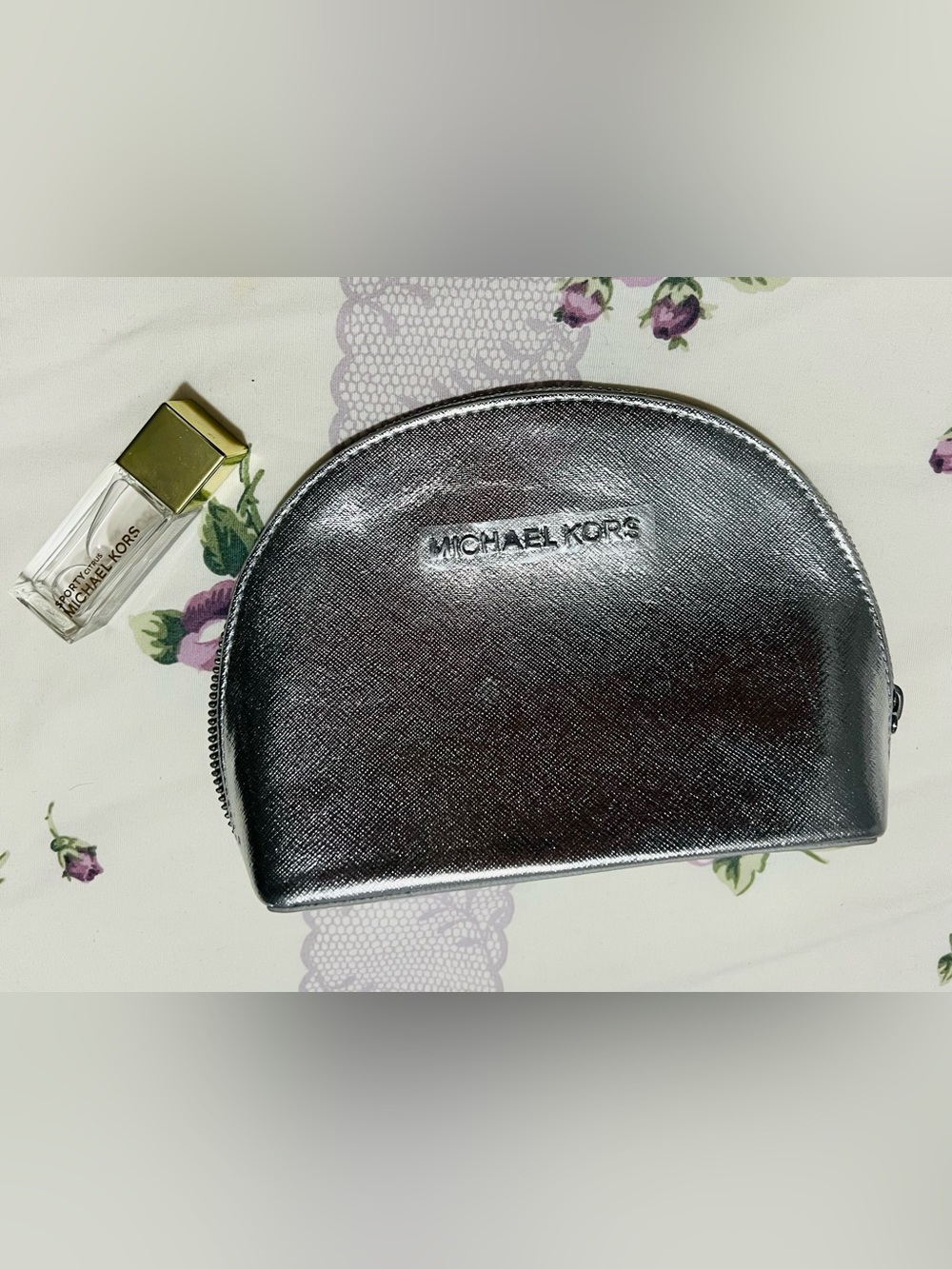 Michael Kors Metallic Silver Leather Toiletry Pouch